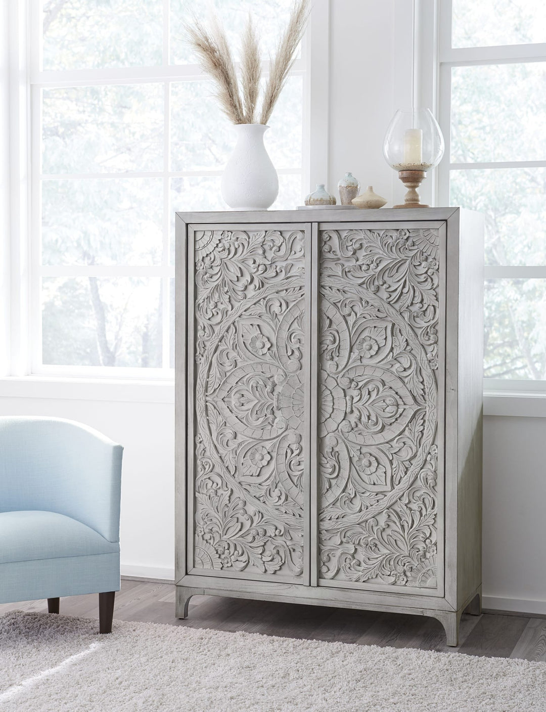 Boho Chic Wardrobe Chest in Washed White — styled in a room