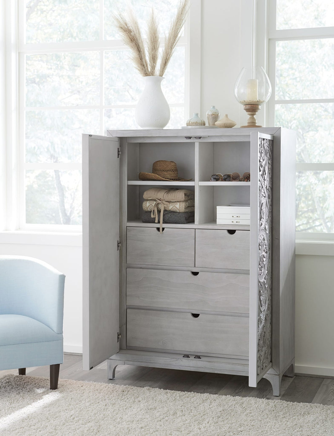 Boho Chic Wardrobe Chest in Washed White — styled in a room