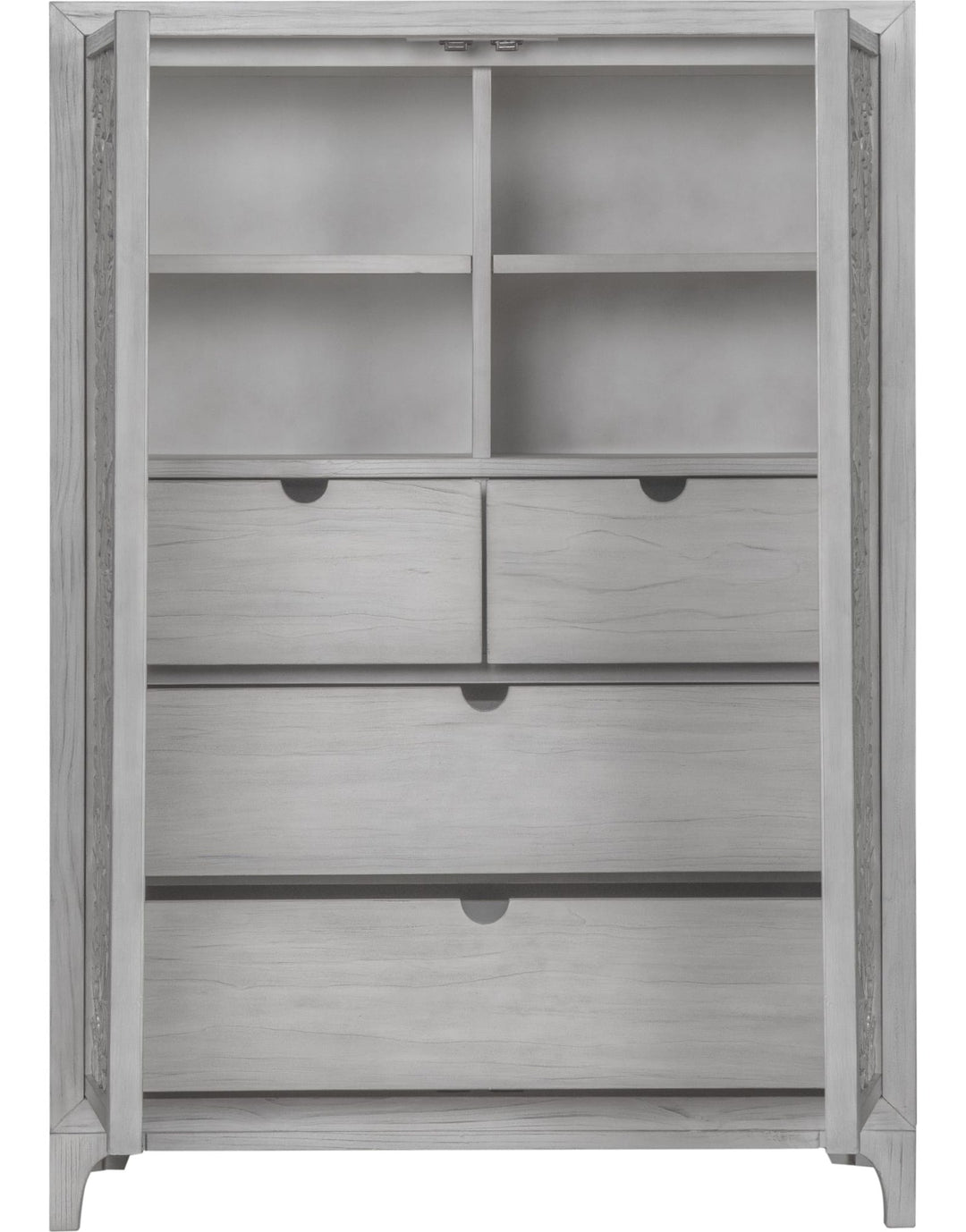 Boho Chic Wardrobe Chest in Washed White — with drawers open