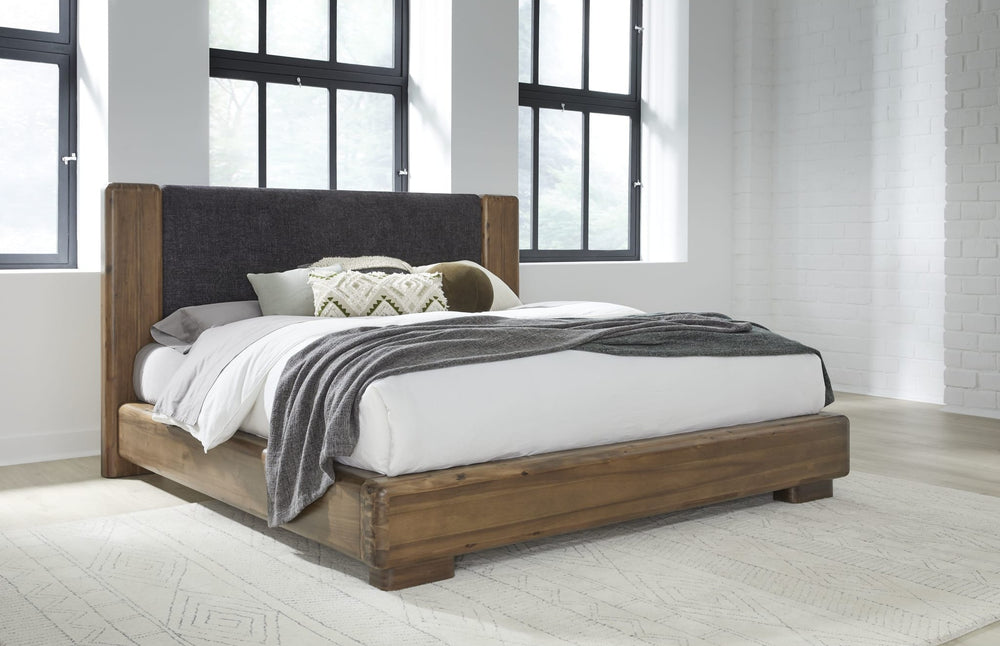Boka Chenille Upholstered Wood Platform Bed styled in a bedroom