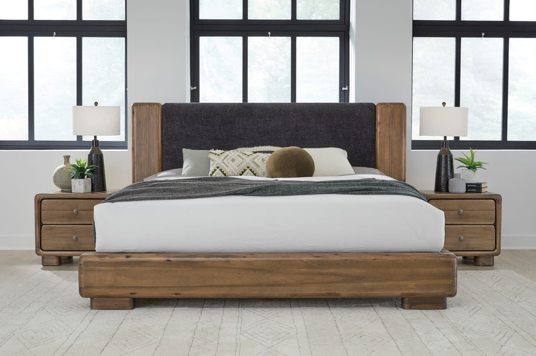 Boka Chenille Upholstered Wood Platform Bed styled in a bedroom