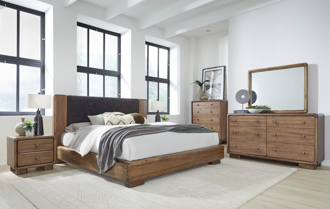 Boka Chenille Upholstered Wood Platform Bed styled in a bedroom