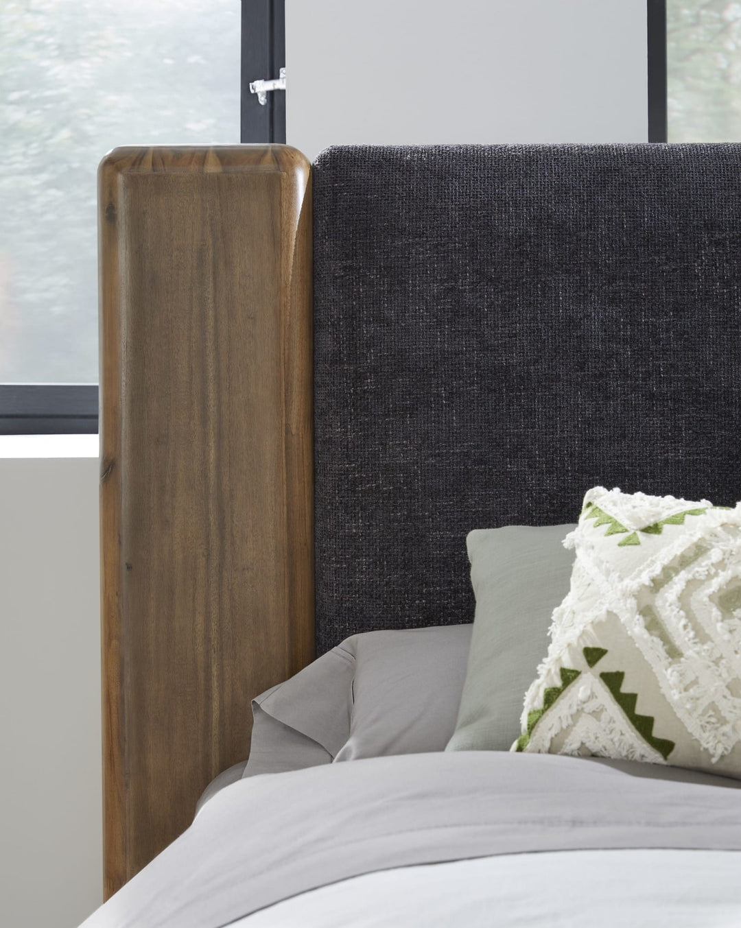 Boka Chenille Upholstered Wood Platform Bed — close-up of the chenille headboard