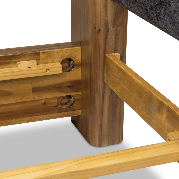 Boka Chenille Upholstered Wood Platform Bed — close-up of the rail joinery