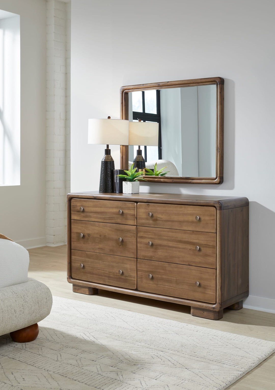 Boka Six Drawer Dresser in Impala — styled with the matching mirror (sold separately)