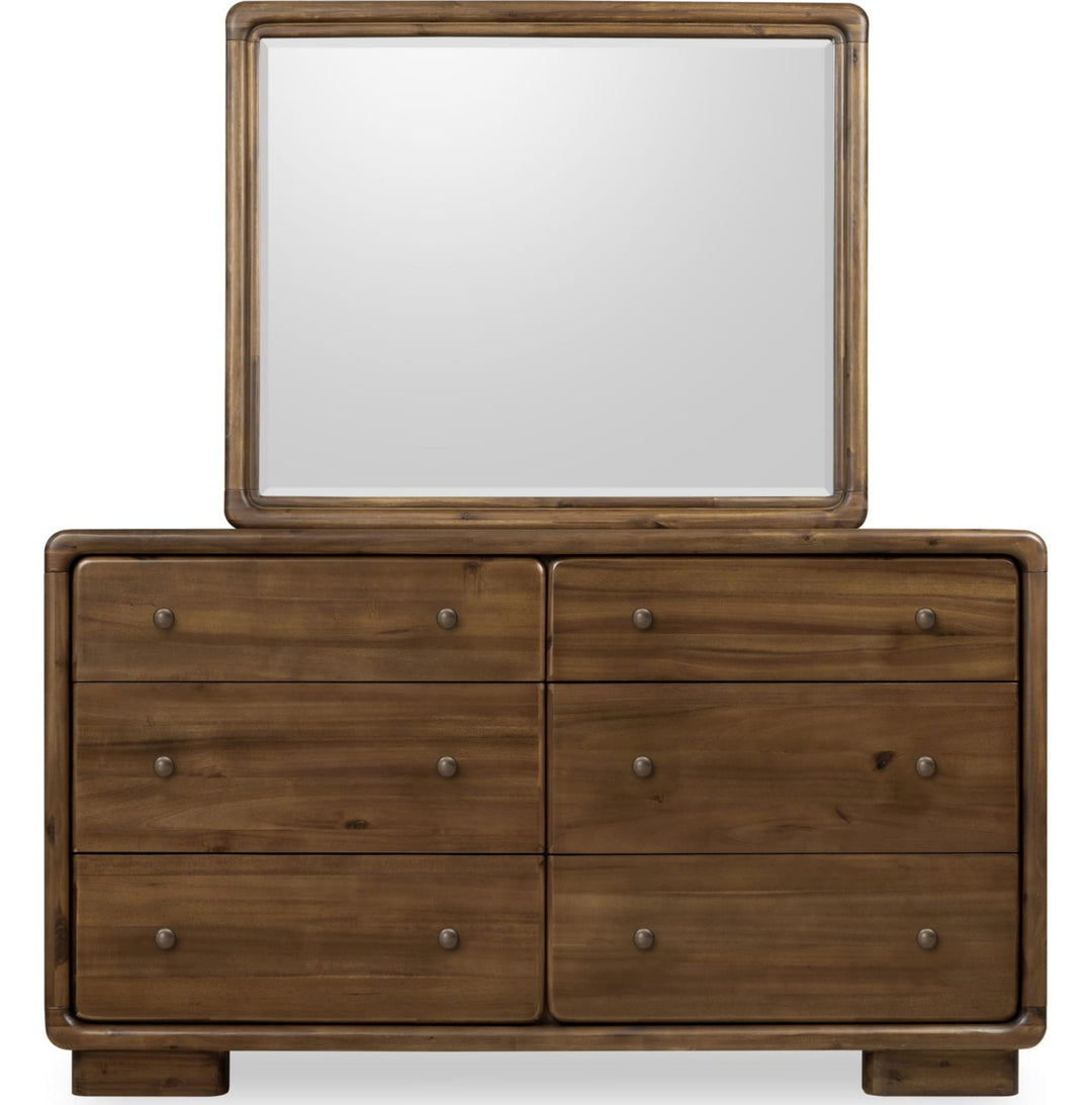 Boka Six Drawer Dresser in Impala — on a white background with the matching mirror (sold separately)