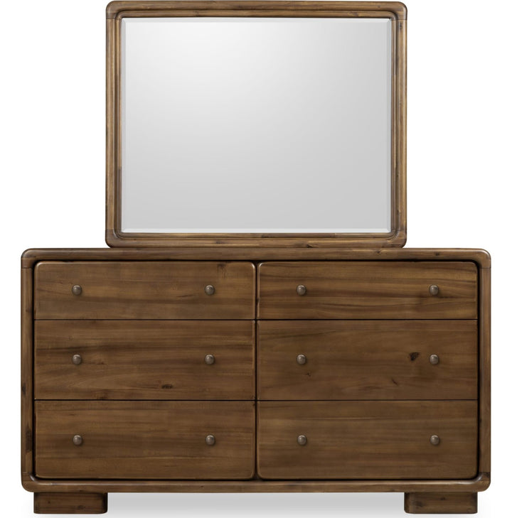 Boka Six Drawer Dresser in Impala — on a white background with the matching mirror (sold separately)