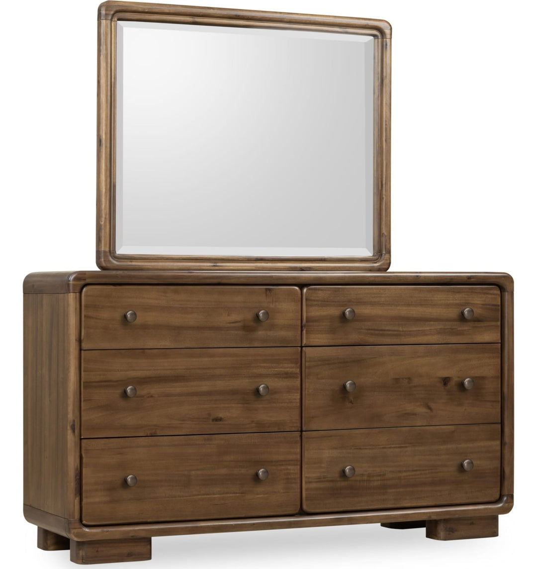 Boka Six Drawer Dresser in Impala — on a white background with the matching mirror (sold separately)