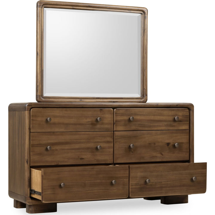 Boka Six Drawer Dresser in Impala — with drawers open, shown with the matching mirror (sold separately)