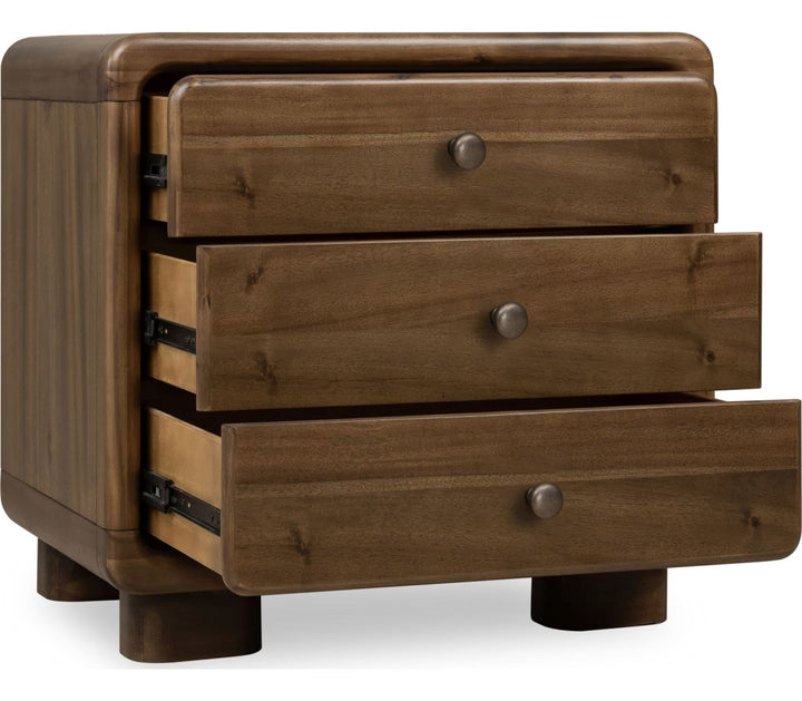 Boka Three Drawer Nightstand in Impala — with drawers open