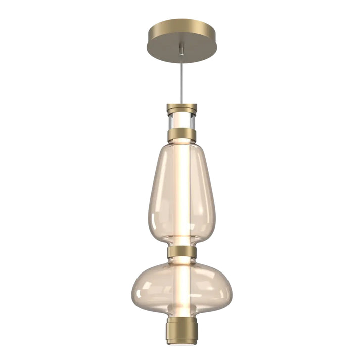 Bolla Mandrel Double Pendant by Hammerton Studio in Gilded Brass with Amber glass