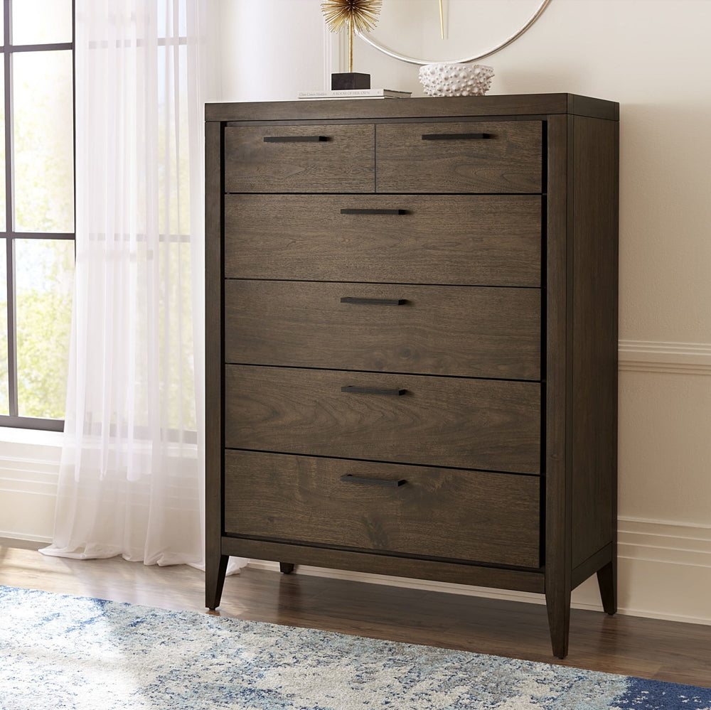 Boracay Five Drawer Chest in Wild Oats Brown — styled in a room