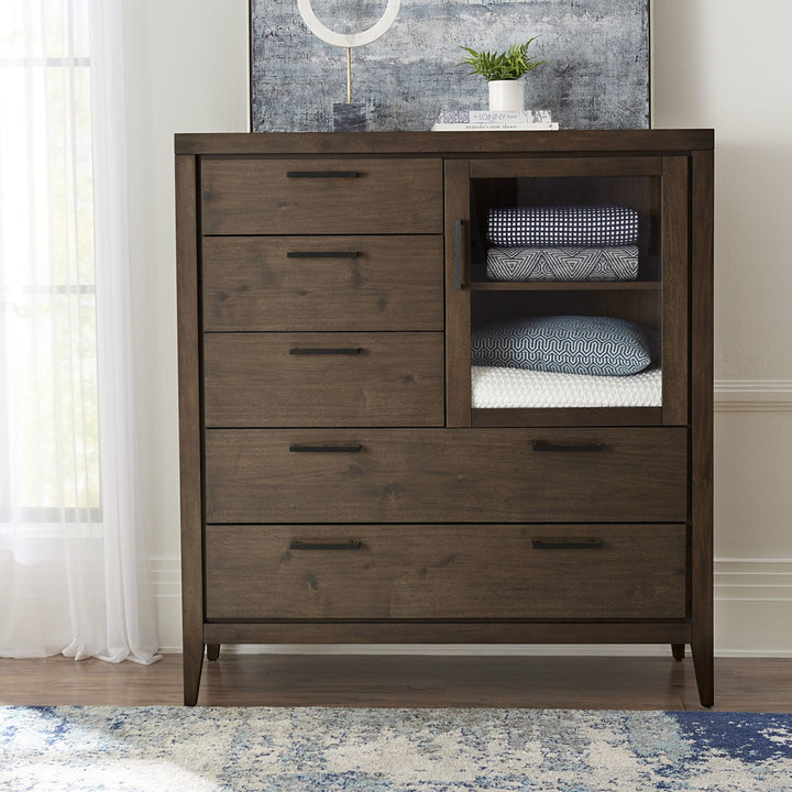 Boracay Five Drawer One Door Sweater Chest in Wild Oats Brown — styled in a room