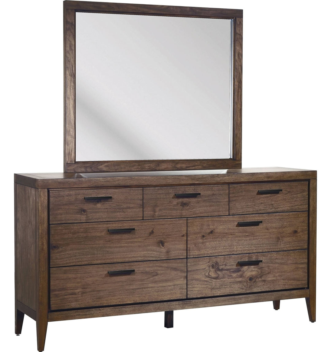 Boracay Landscape Mirror in Wild Oats Brown — on a white background, mounted on the matching dresser (sold separately)