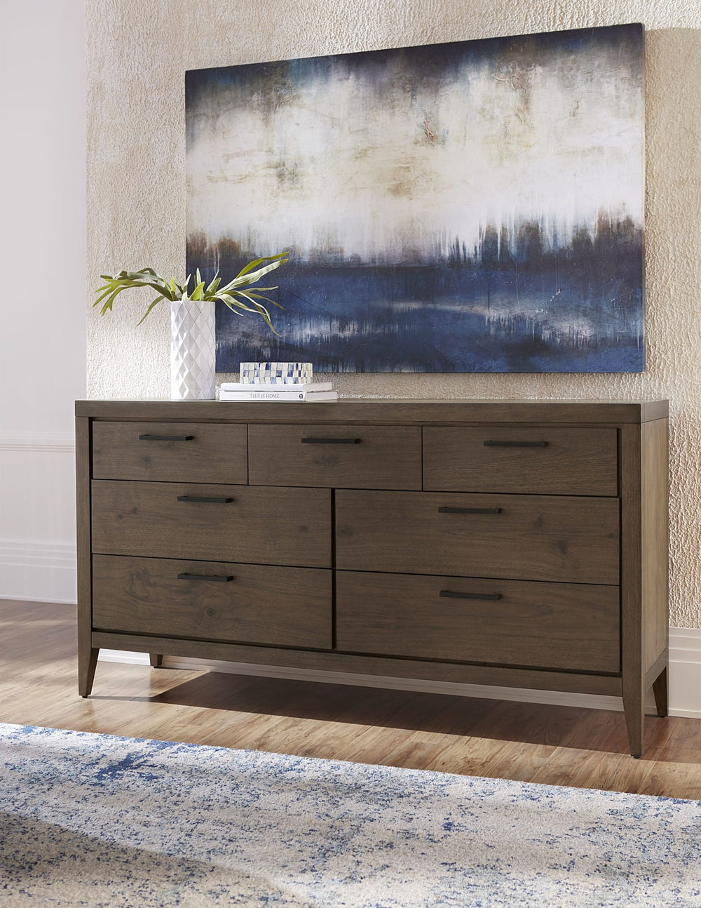 Boracay Seven Drawer Dresser in Wild Oats Brown — styled in a room