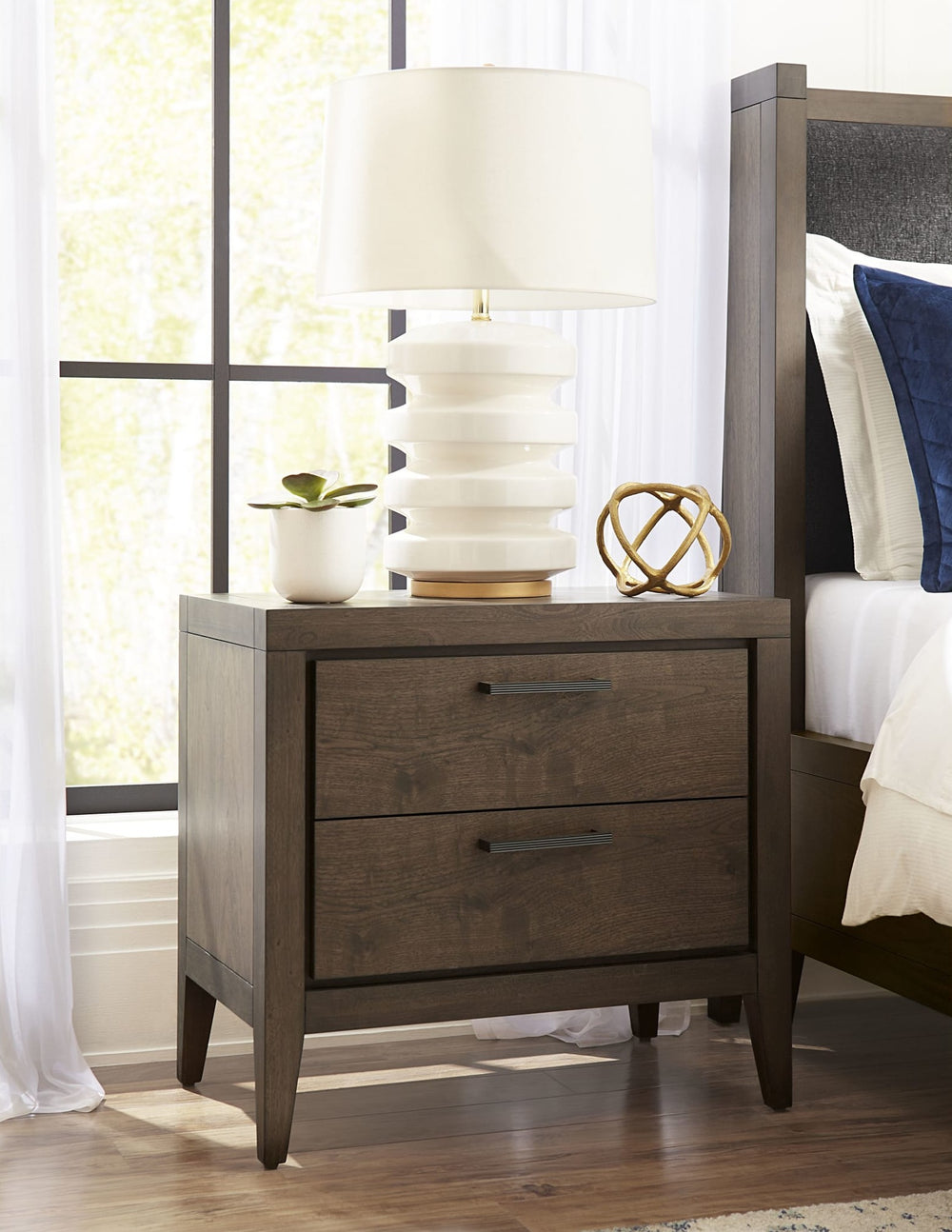 Boracay Two Drawer USB-Charging Nightstand in Wild Oats Brown — styled in a room