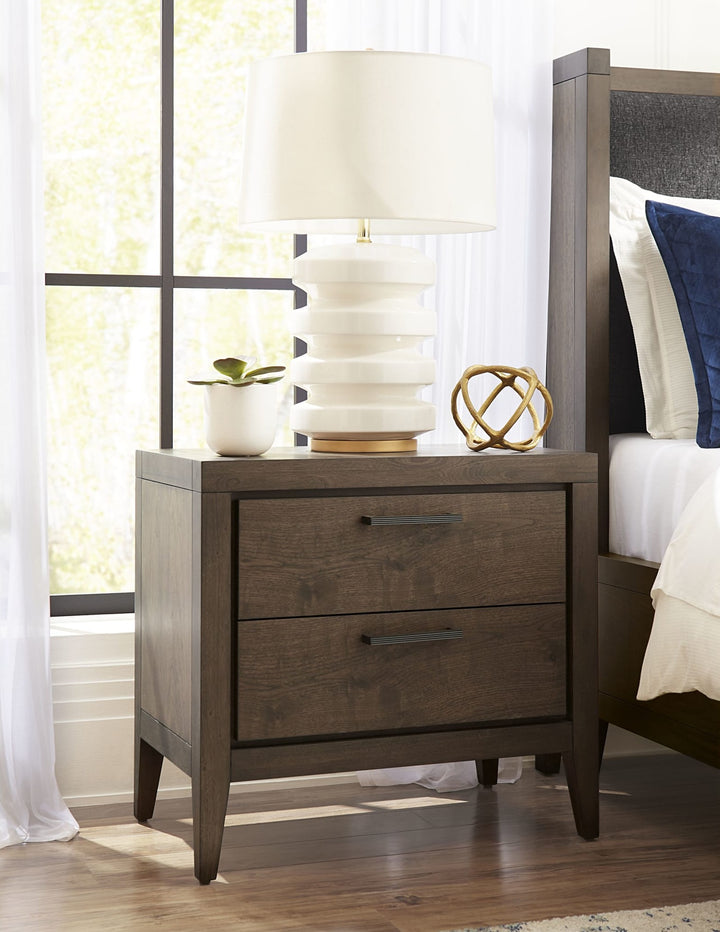 Boracay Two Drawer USB-Charging Nightstand in Wild Oats Brown — styled in a room