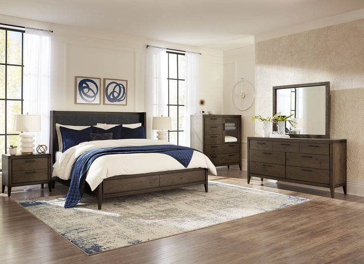 Boracay Upholstered Wingback Storage Bed in Wild Oats Brown styled in a bedroom