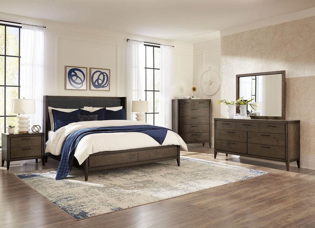 Boracay Upholstered Wingback Storage Bed in Wild Oats Brown styled in a bedroom
