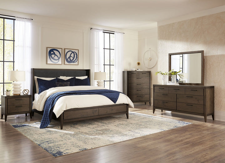 Boracay Upholstered Wingback Storage Bed in Wild Oats Brown styled in a bedroom