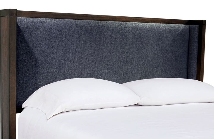 Boracay Upholstered Wingback Storage Bed in Wild Oats Brown — close-up of the upholstered wingback headboard