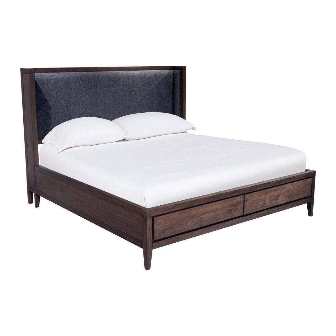 Boracay Upholstered Wingback Storage Bed by Modus in Wild Oats Brown — white background, angled view