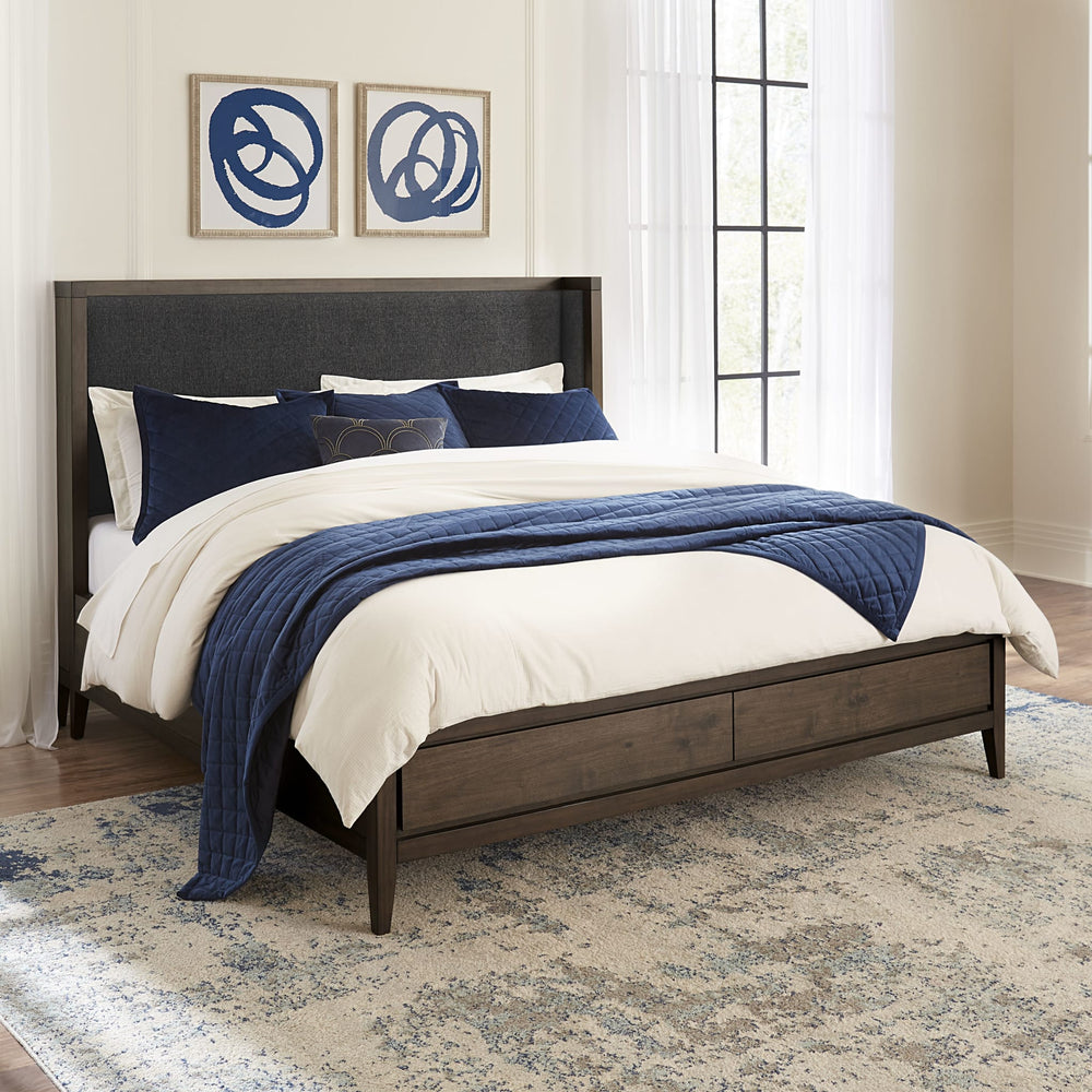 Boracay Upholstered Wingback Storage Bed in Wild Oats Brown styled in a bedroom