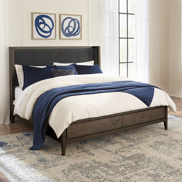 Boracay Upholstered Wingback Storage Bed in Wild Oats Brown styled in a bedroom