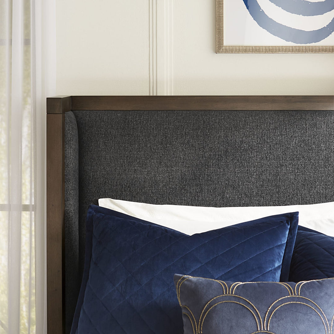 Boracay Upholstered Wingback Storage Bed in Wild Oats Brown styled in a bedroom