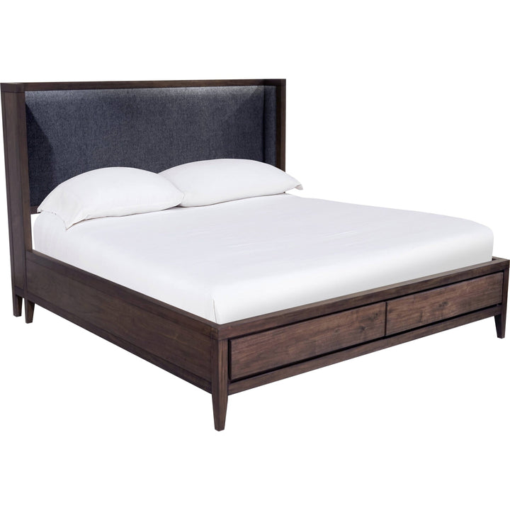 Boracay Upholstered Wingback Storage Bed in Wild Oats Brown — white background, angled view with bedding