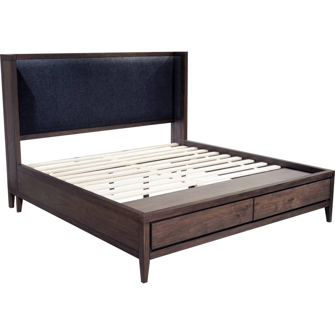 Boracay Upholstered Wingback Storage Bed in Wild Oats Brown — without mattress, showing slat platform