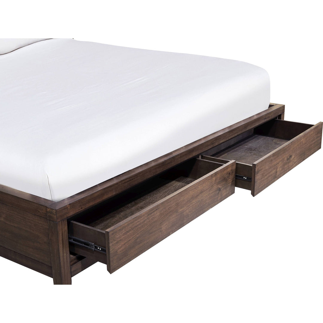Boracay Upholstered Wingback Storage Bed in Wild Oats Brown — close-up of the footboard storage drawers open