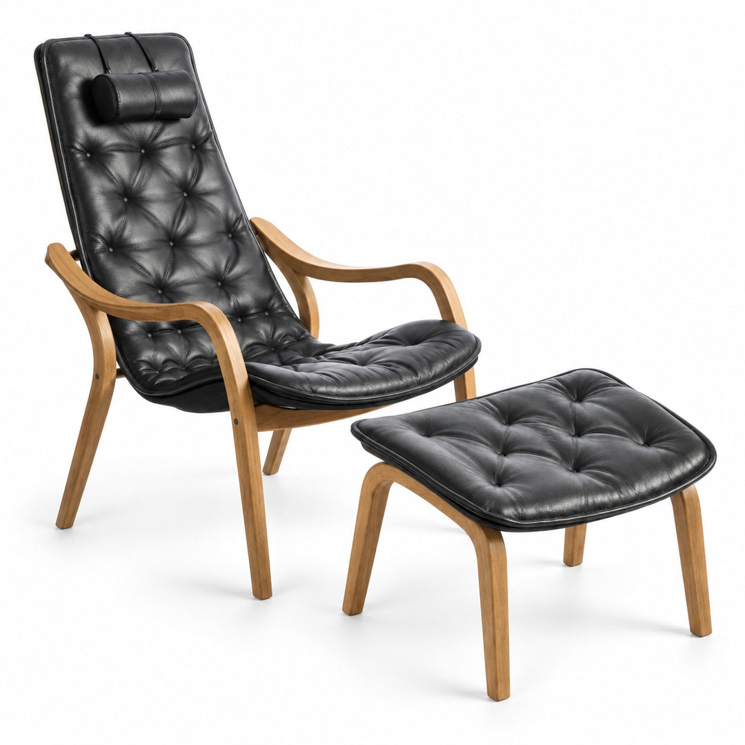 Bravo Fixed Chair + Ottoman by Conform — merchant hi-res packshot, 4-leg fixed foot, black leather