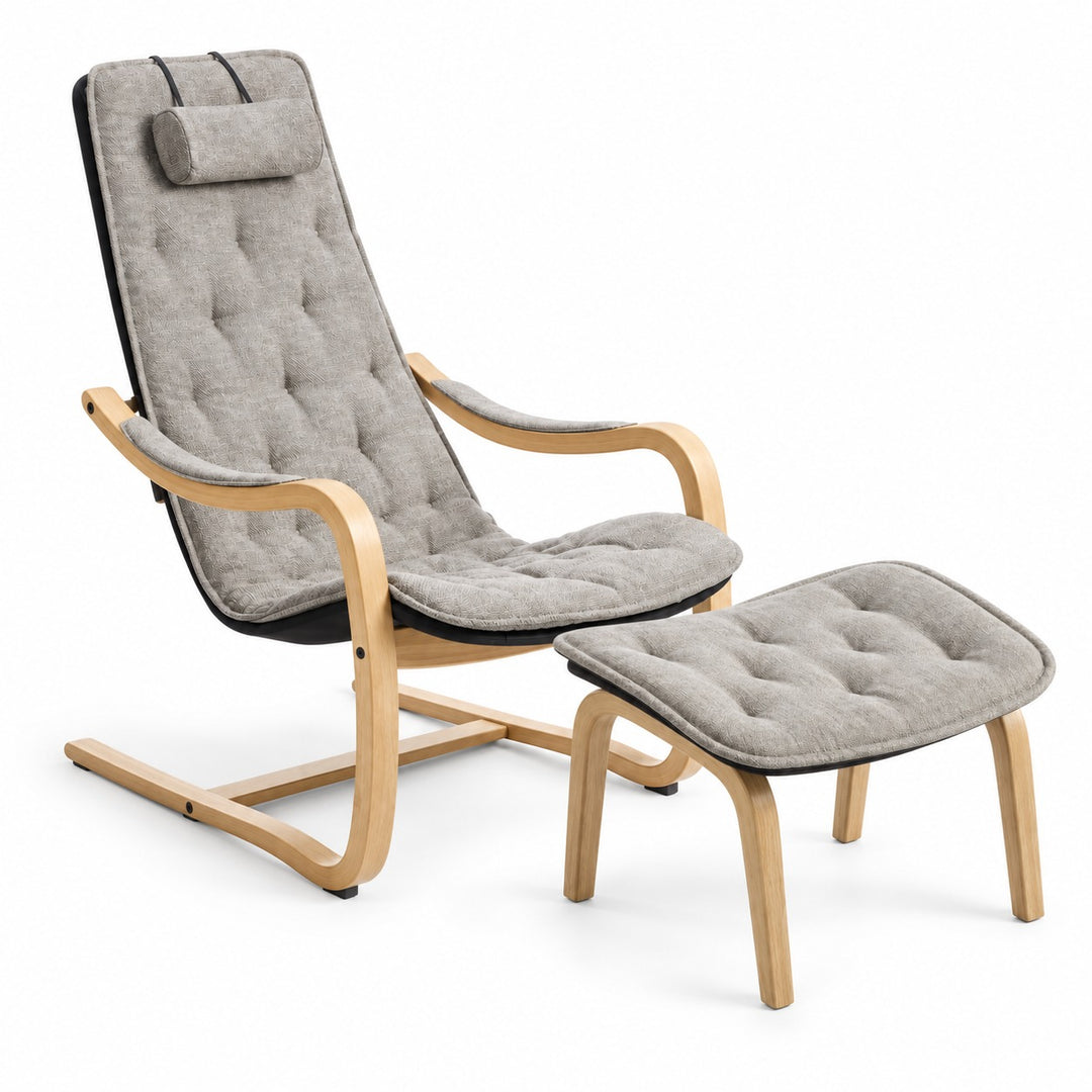 Bravo Flex Chair + Ottoman by Conform — merchant hi-res packshot, cantilever wood, grey fabric