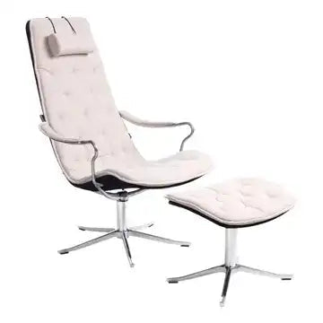 Conform Bravo high-back swivel chair and matching footstool in white tufted leather with polished metal bases