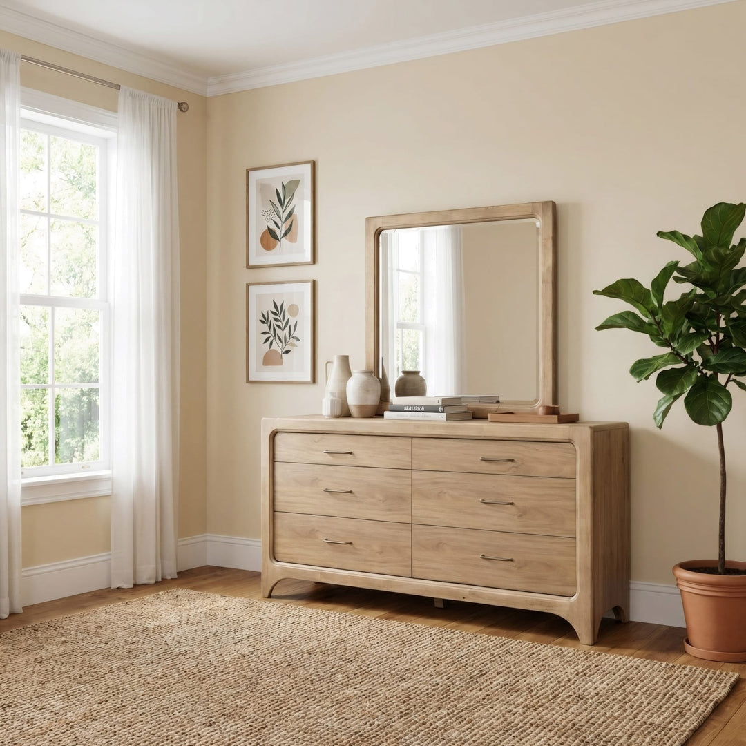 Brentwood Dresser Mirror in Brioche — styled on the matching dresser (sold separately)