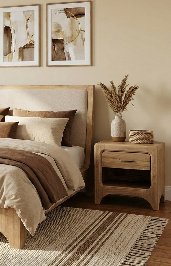 Brentwood One Drawer Nightstand with Cord Management in Brioche — styled in a room