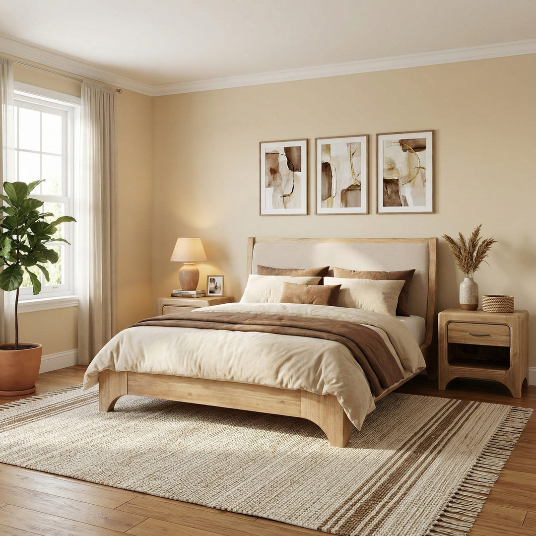 Brentwood One Drawer Nightstand with Cord Management in Brioche — in a bedroom setting