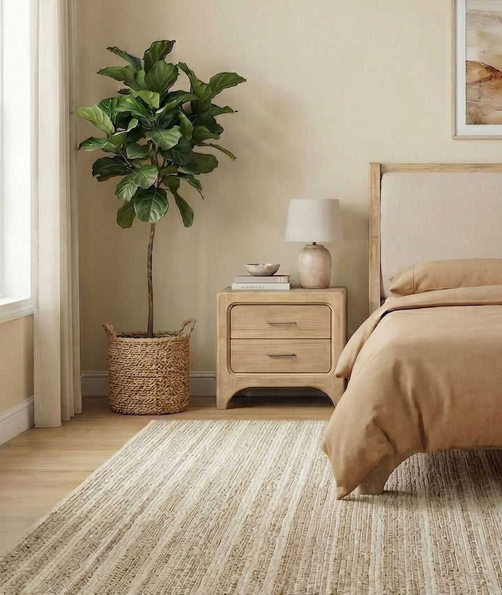 Brentwood Two Drawer Nightstand with Cord Management in Brioche — styled in a room