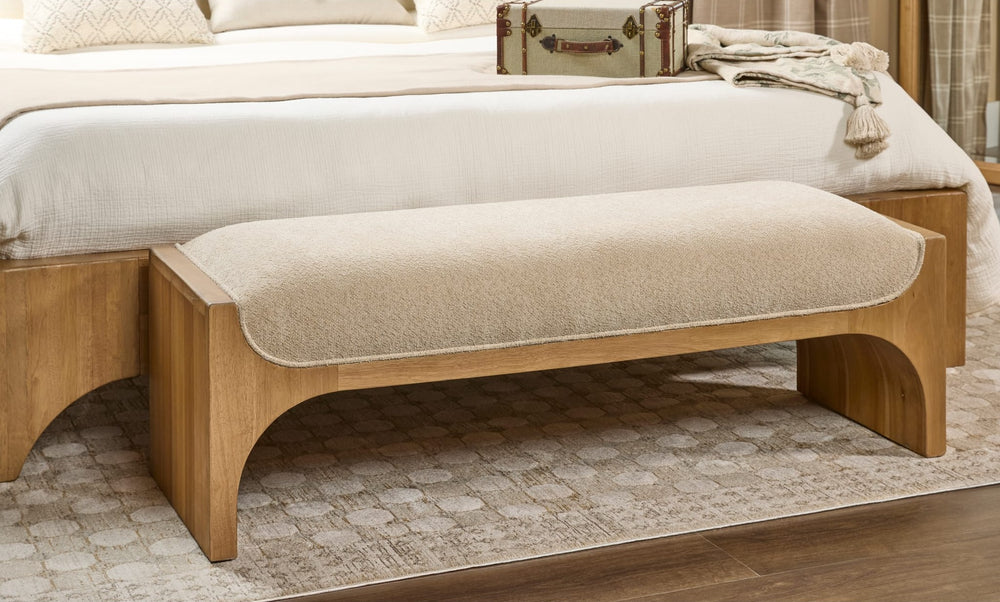 Brentwood Upholstered Bench in Brioche — in a bedroom setting