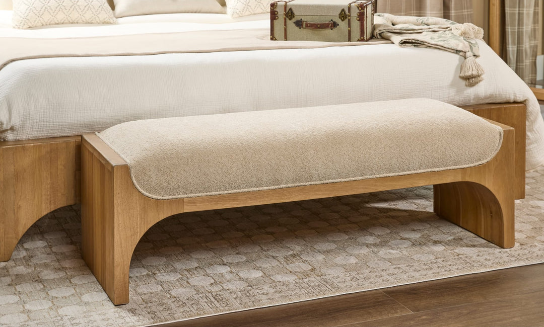 Brentwood Upholstered Bench in Brioche — in a bedroom setting