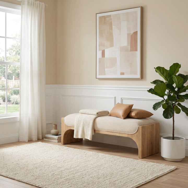 Brentwood Upholstered Bench in Brioche — in a bedroom setting