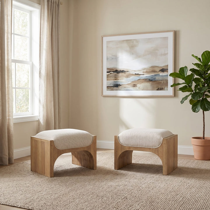 Brentwood Upholstered Ottoman in Brioche — styled in a room
