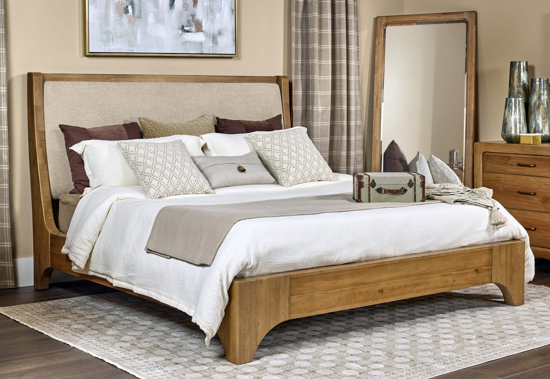 Brentwood Wood and Upholstered Bed in Brioche styled in a bedroom