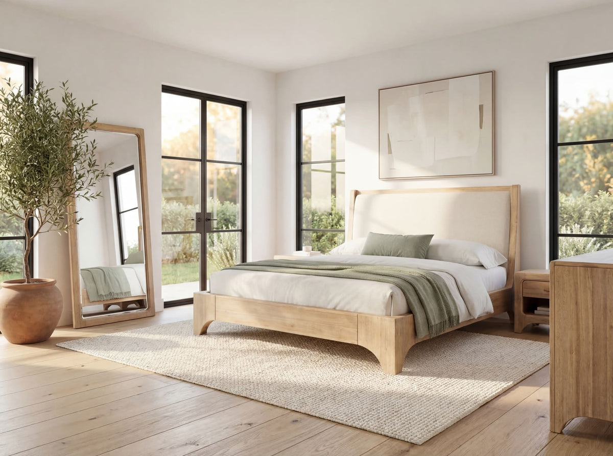 Modus Brentwood wood and upholstered bed in a styled bedroom