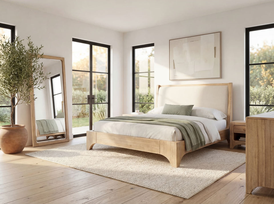 Brentwood Wood and Upholstered Bed in Brioche styled in a bedroom