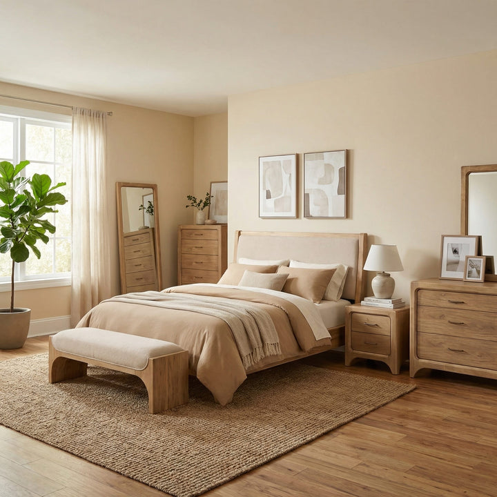 Brentwood Wood and Upholstered Bed in Brioche styled in a bedroom