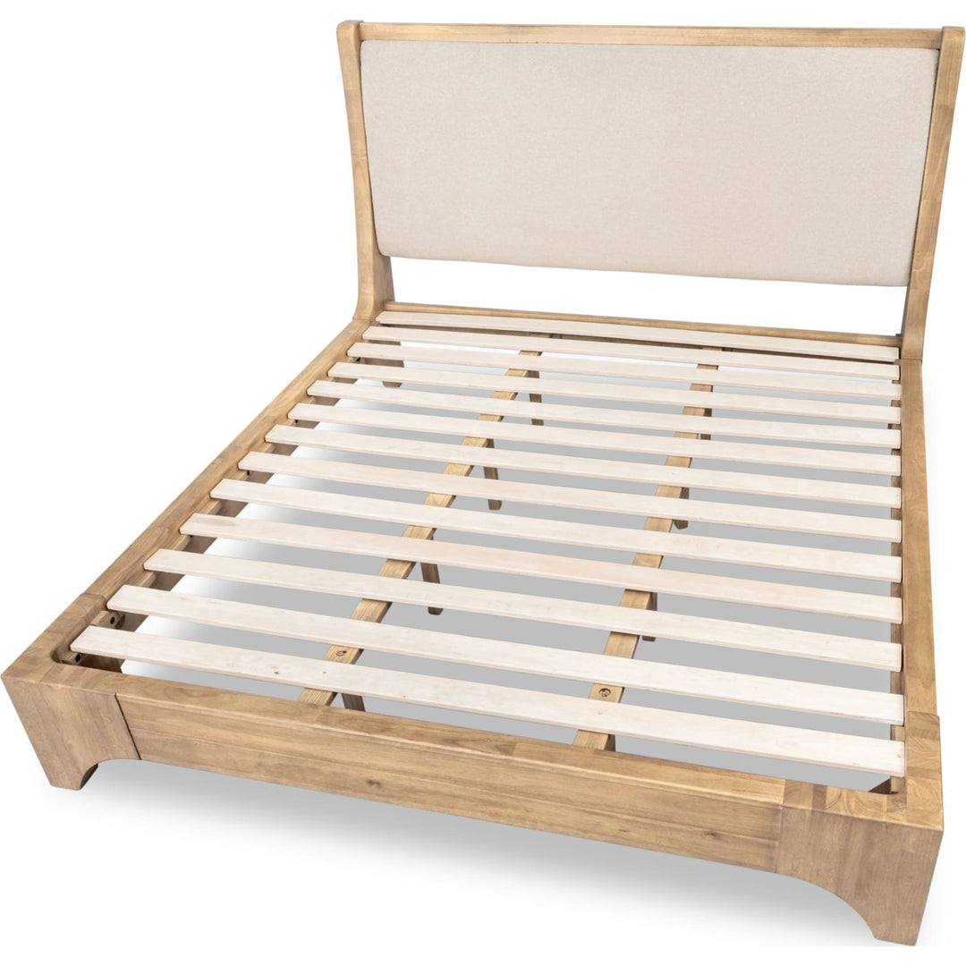 Brentwood Wood and Upholstered Bed in Brioche — without mattress, showing slat platform