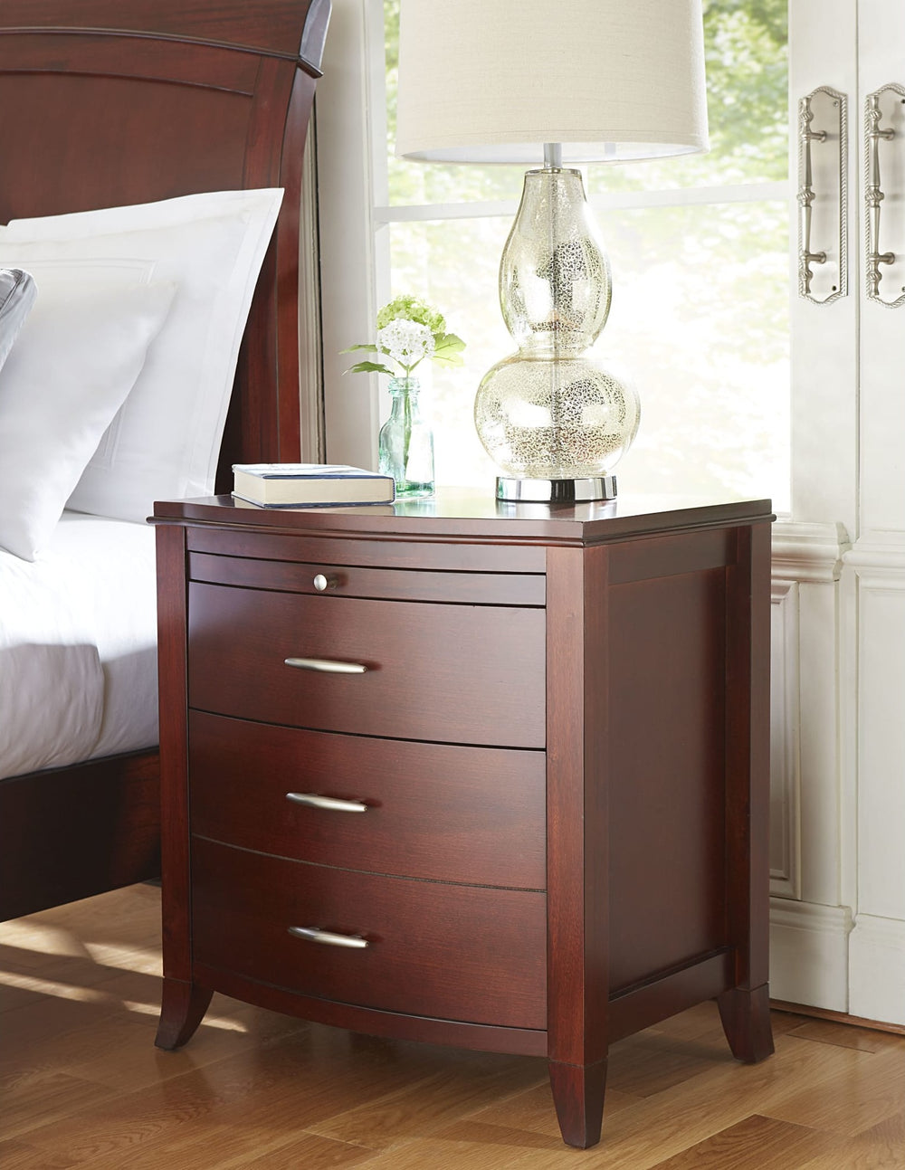 Brighton Two Drawer Nightstand in Cinnamon — styled in a room