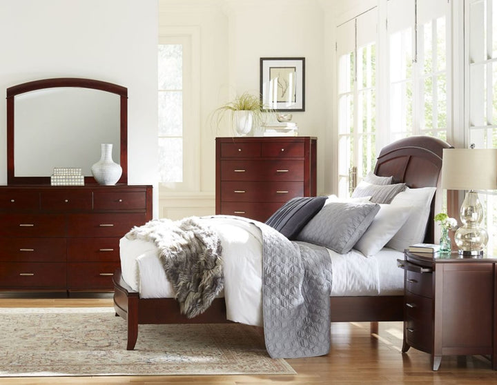 Brighton Wood Sleigh Bed in Cinnamon styled in a bedroom